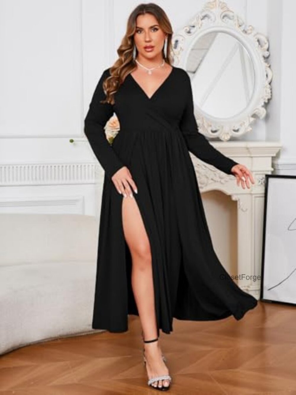 Plus Size 0X-4X Double High Split Maxi Dress Ruffle Sleeve - Picture 3 of 7